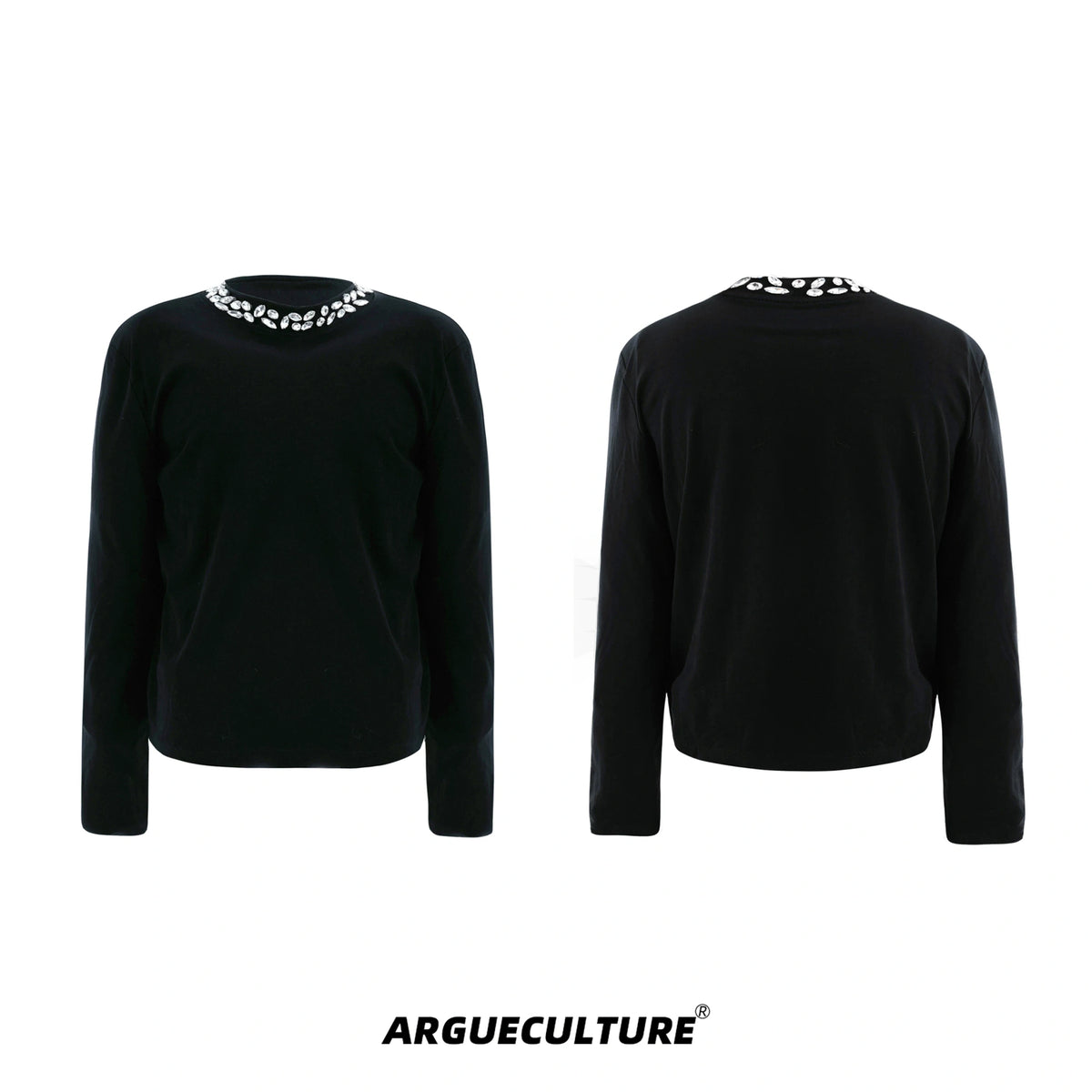 Rhinestone Cotton Blend Long-Sleeve Unisex T-Shirt - Black