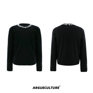Rhinestone Cotton Blend Long-Sleeve Unisex T-Shirt - Black