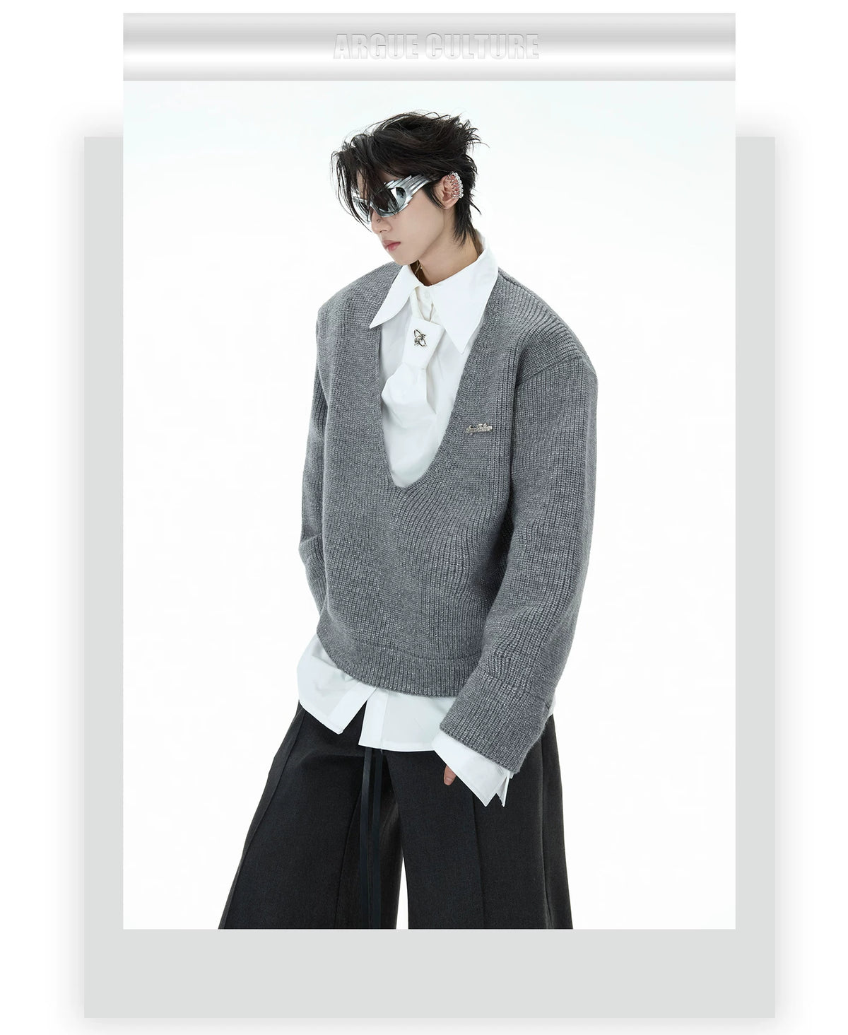 Deconstructed Tie Shirt Sweater in Black or Gray - description image 2