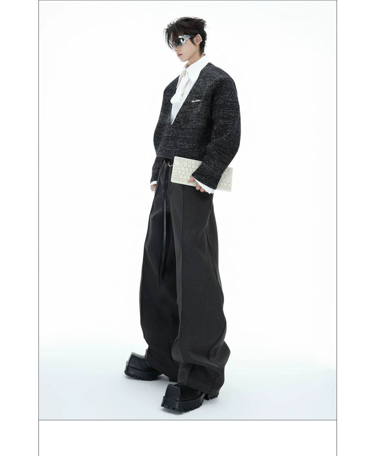 Deconstructed Tie Shirt Sweater in Black or Gray - description image 6