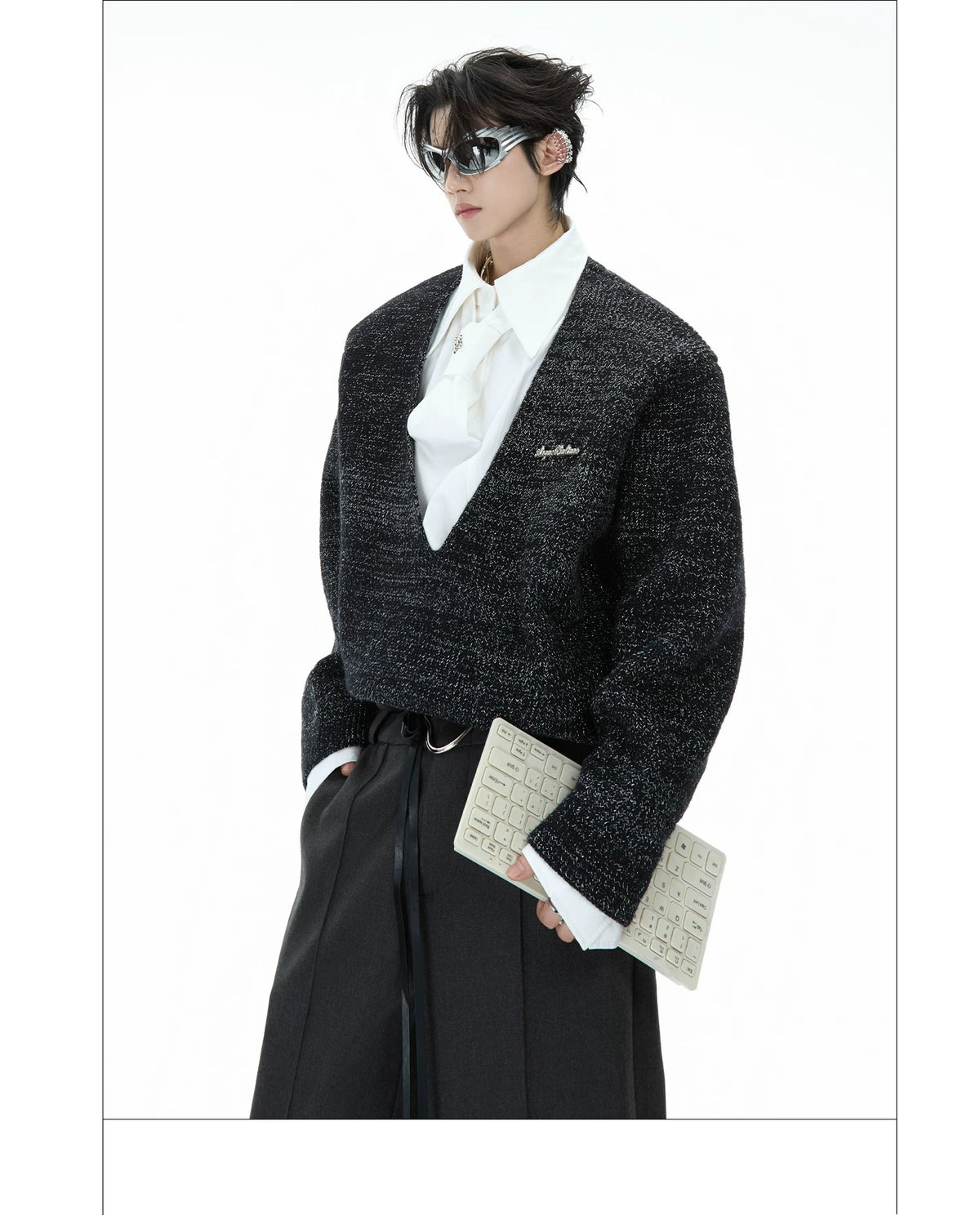 Deconstructed Tie Shirt Sweater in Black or Gray - description image 8