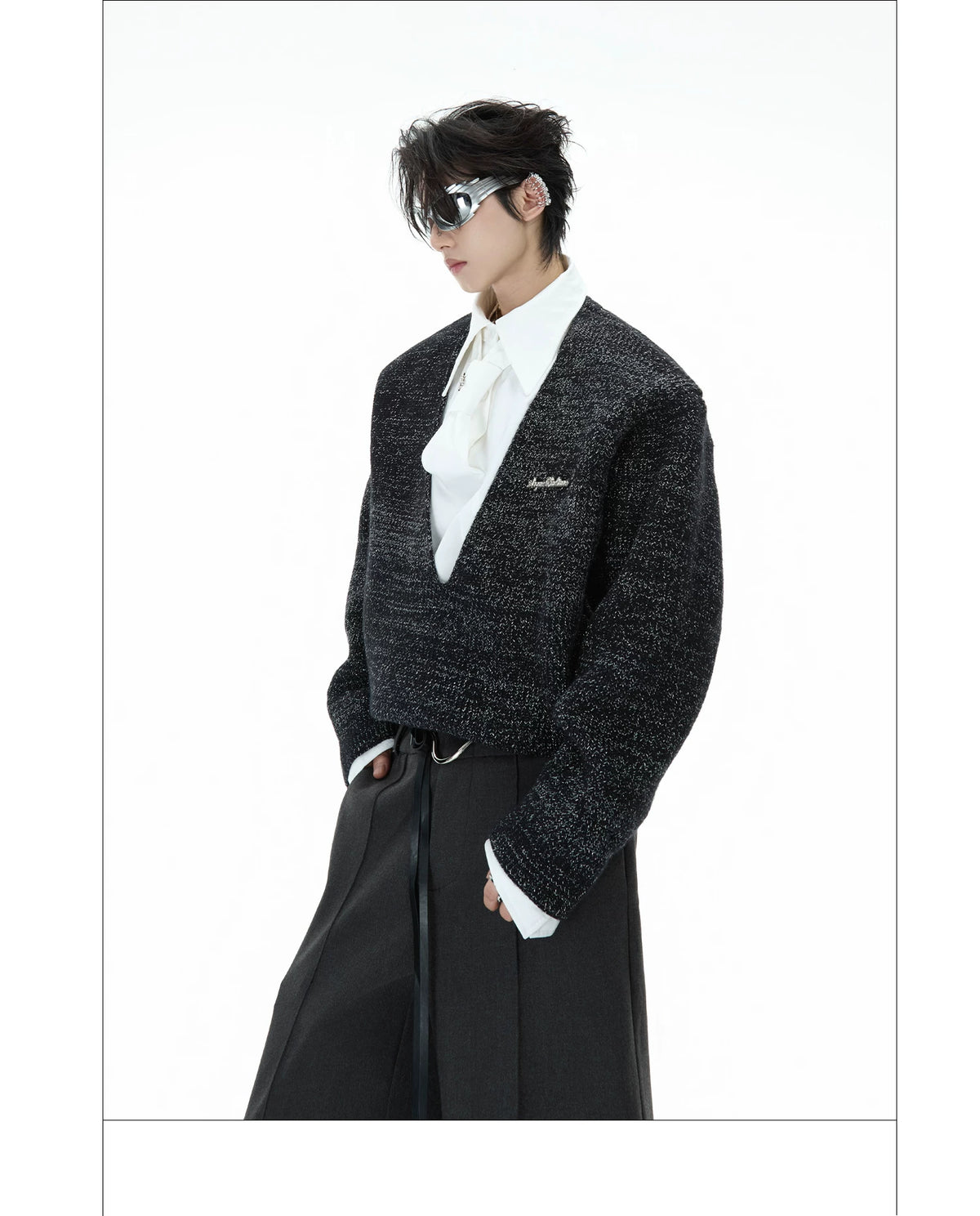 Deconstructed Tie Shirt Sweater in Black or Gray - description image 11