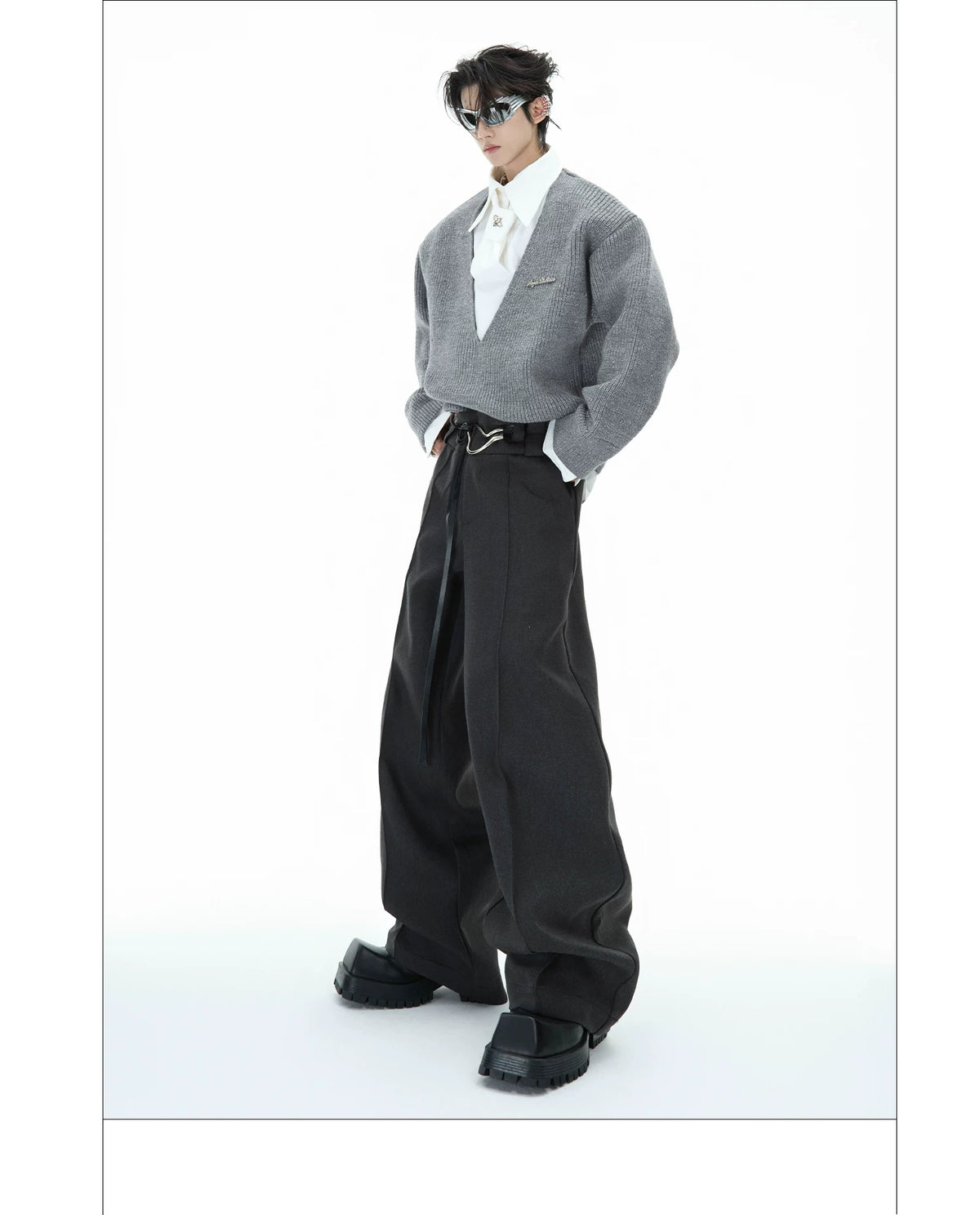 Deconstructed Tie Shirt Sweater in Black or Gray - description image 13