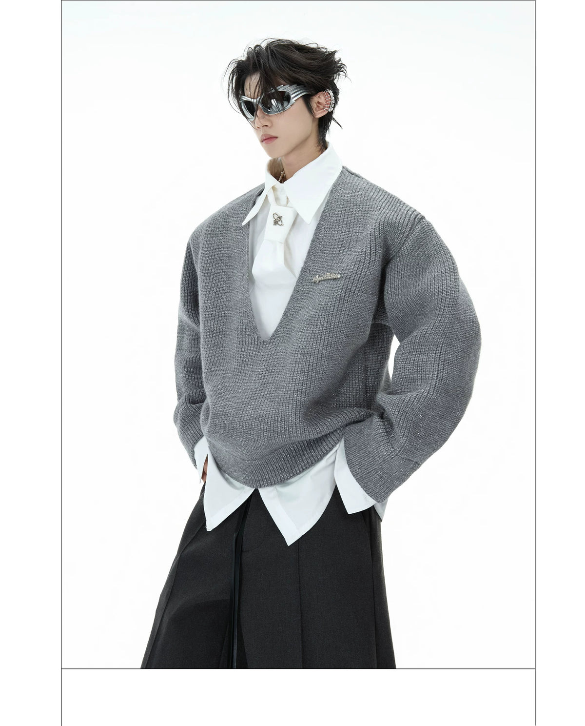 Deconstructed Tie Shirt Sweater in Black or Gray - description image 14