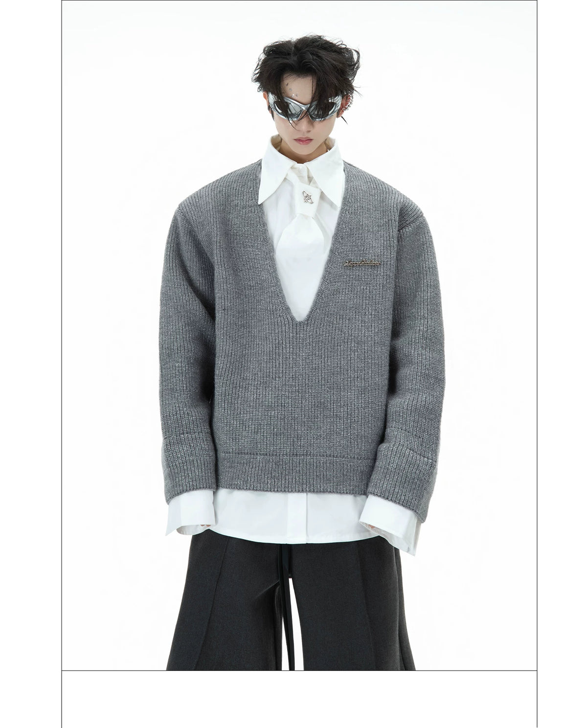 Deconstructed Tie Shirt Sweater in Black or Gray - description image 15