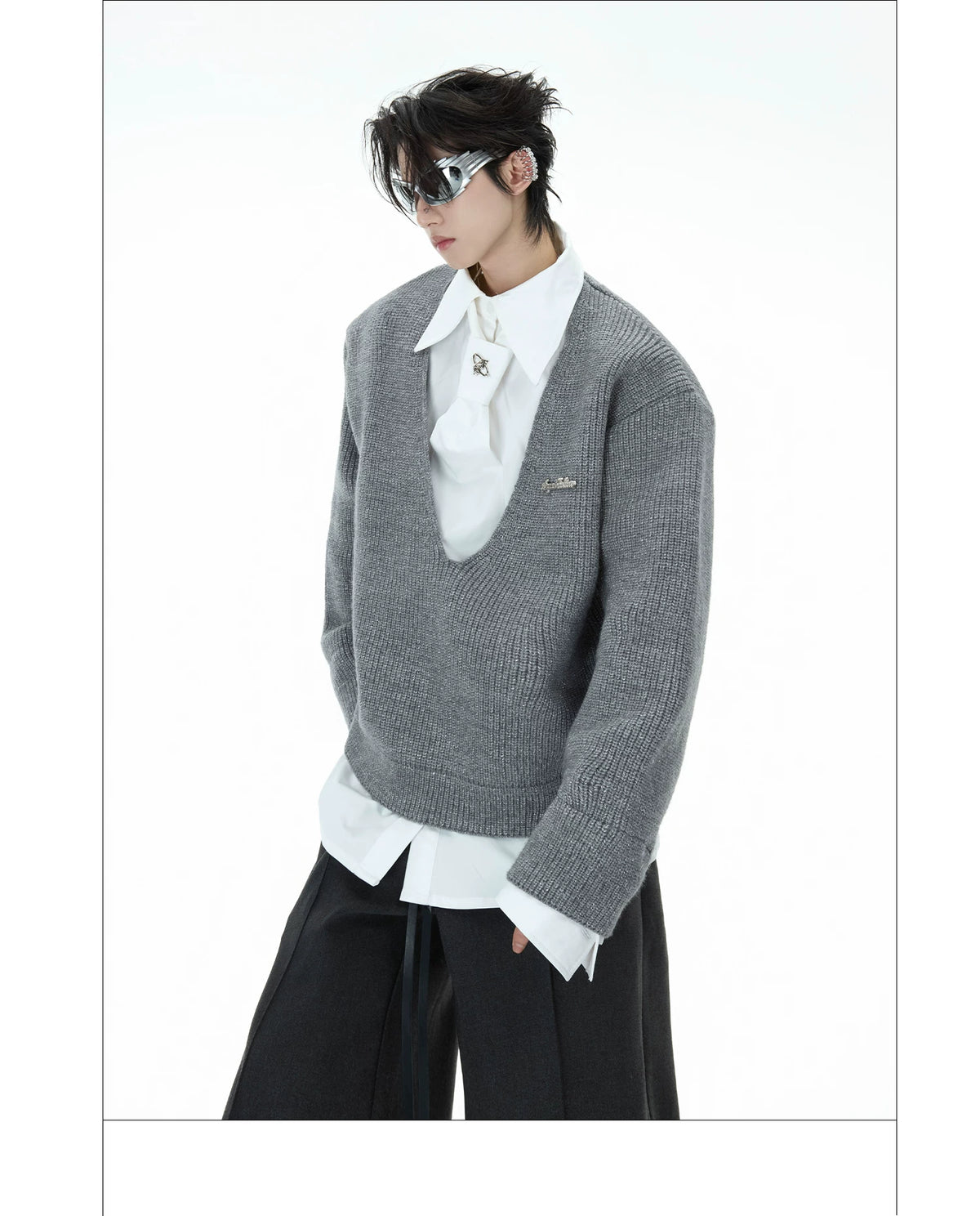 Deconstructed Tie Shirt Sweater in Black or Gray - description image 16