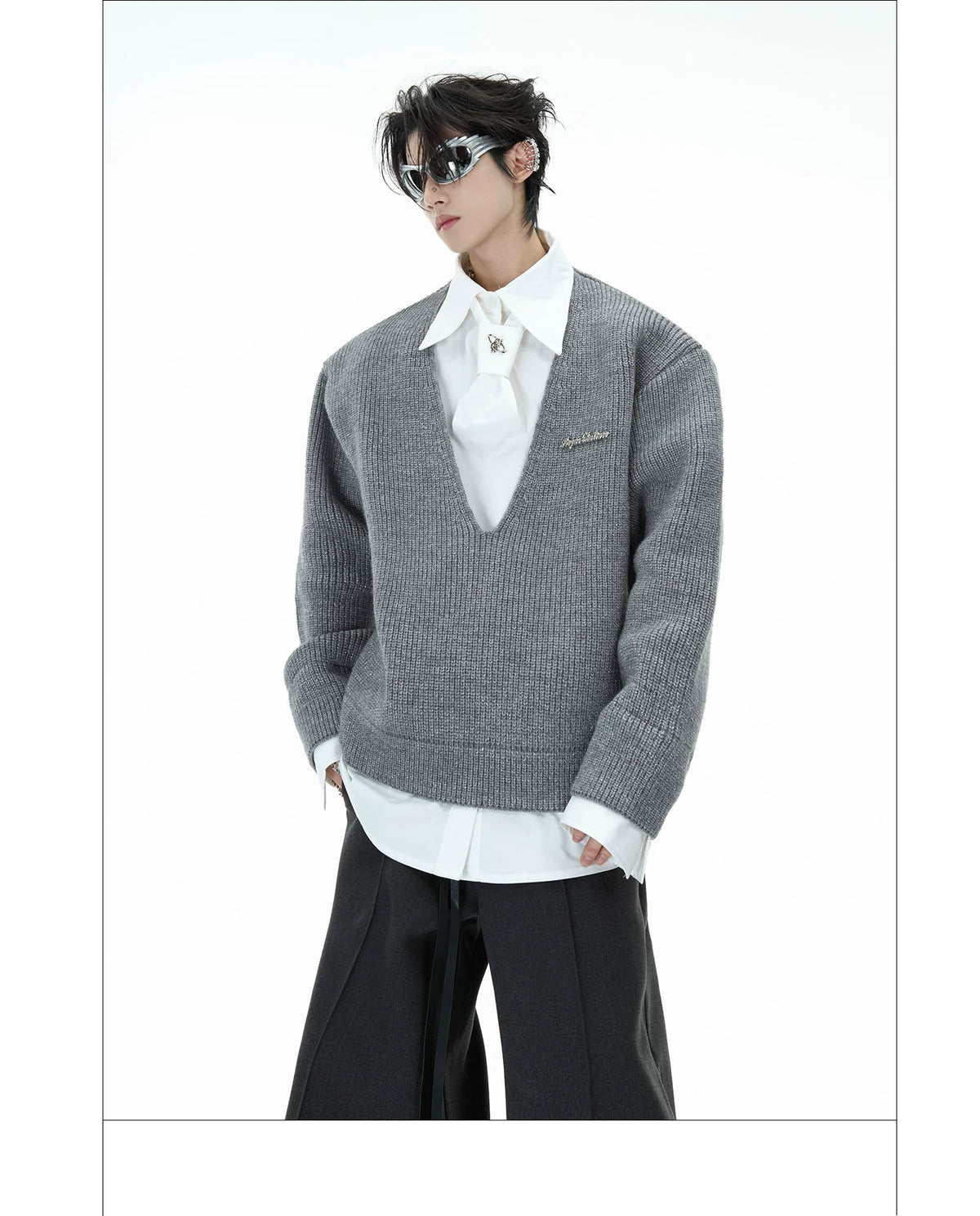 Deconstructed Tie Shirt Sweater in Black or Gray - description image 17