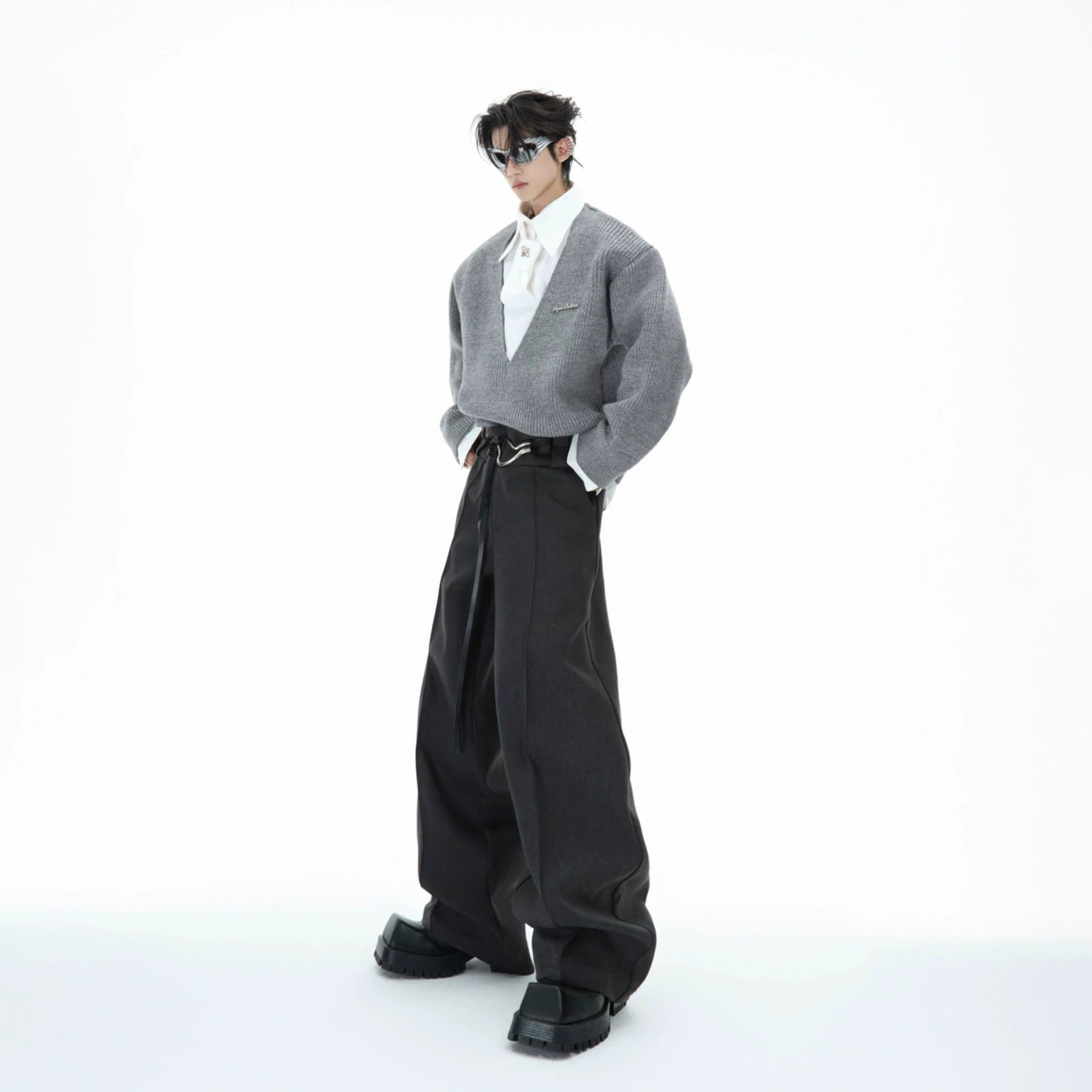 Deconstructed Tie Shirt Sweater in Black or Gray - main image 5