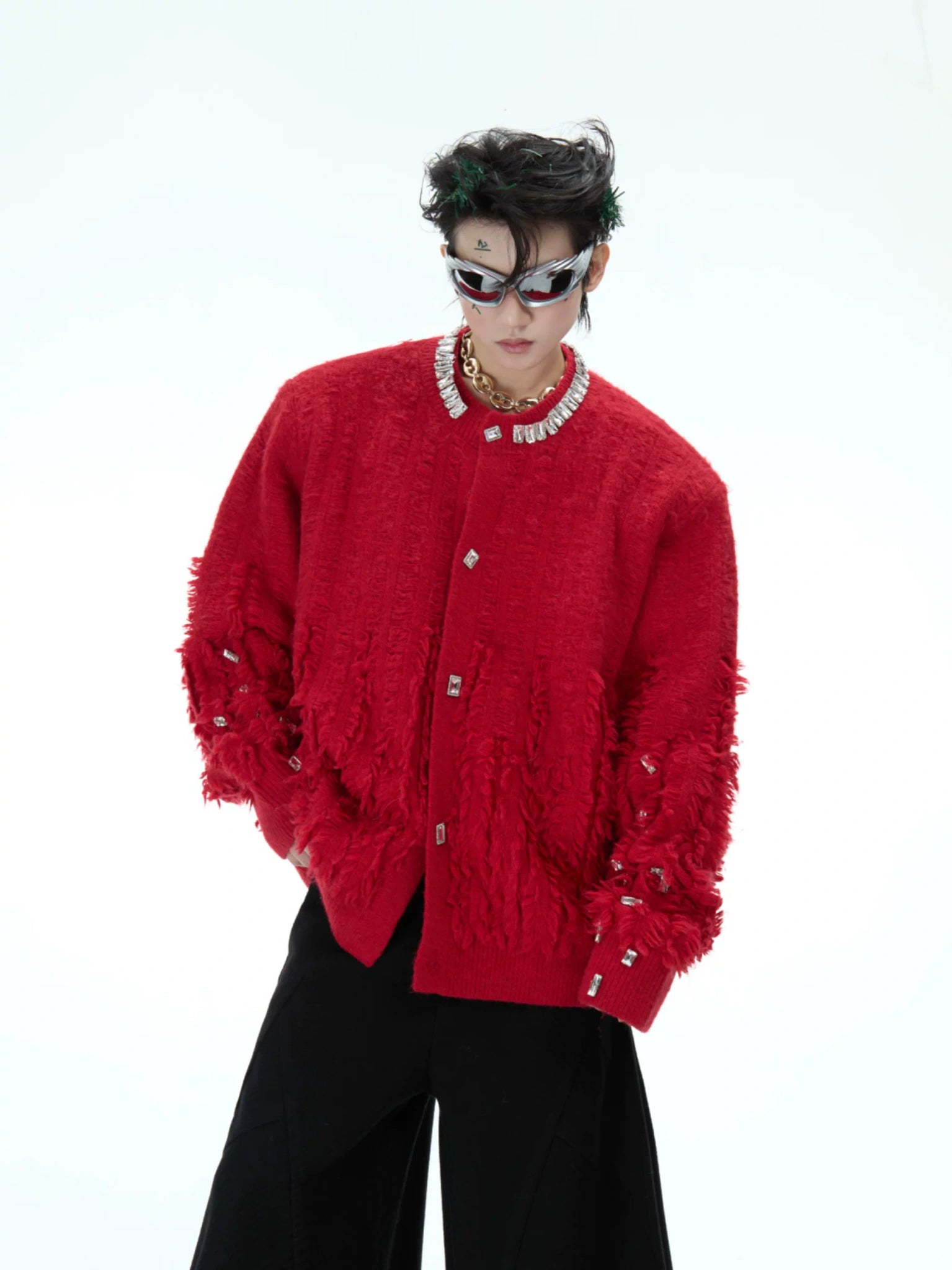 Rhinestone Distressed Knit Cardigan | Relaxed Fit - main image 2