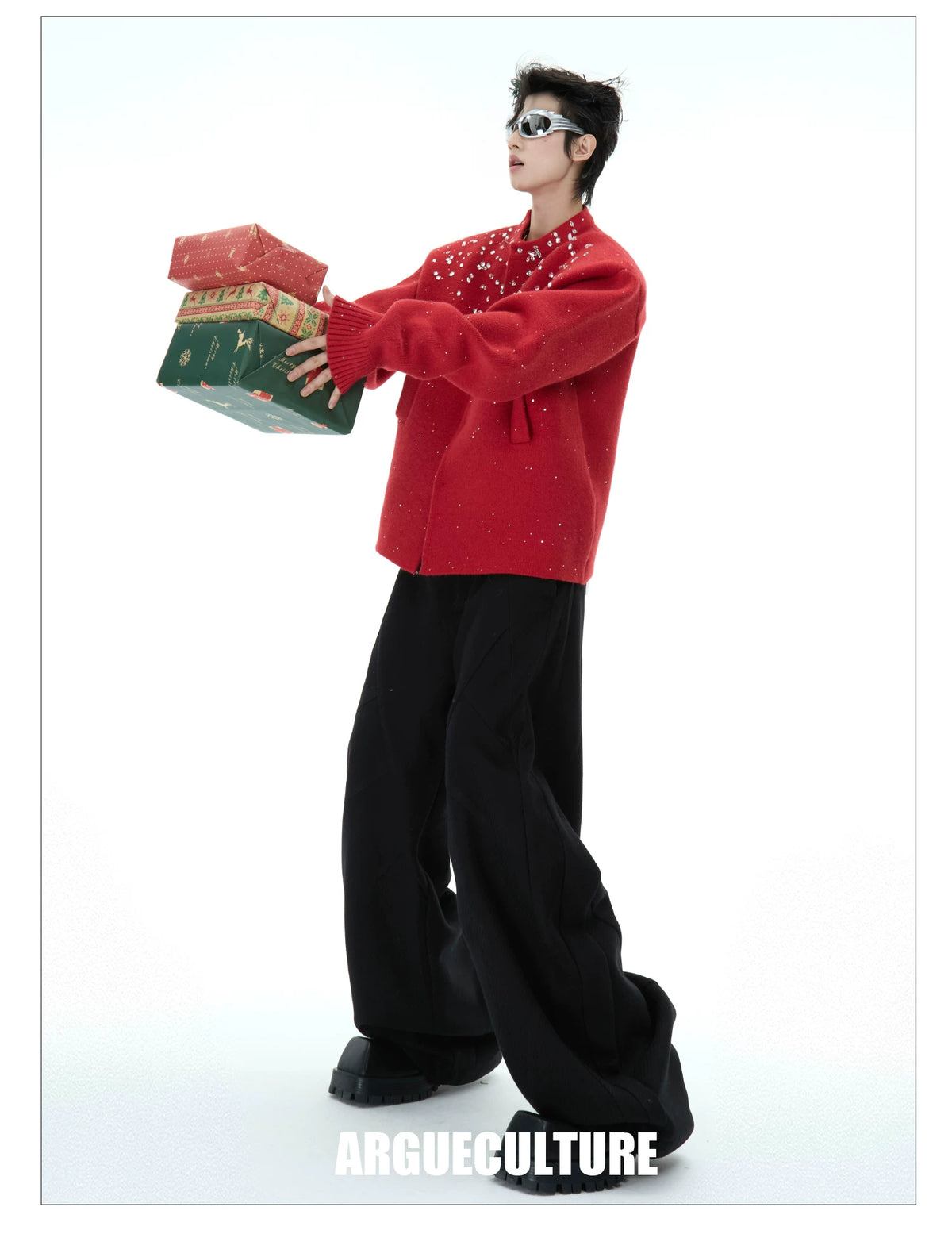 Deconstructed Relaxed Straight-Leg Trousers | Red or Black - description image 3