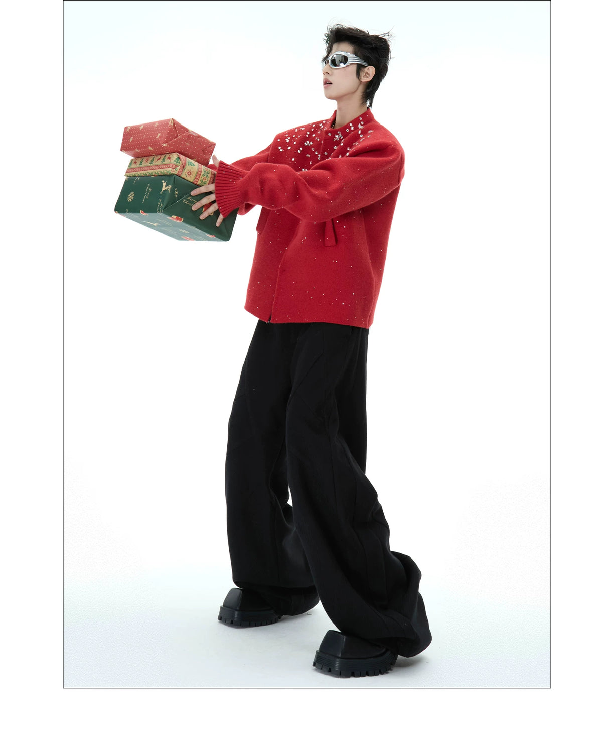 Deconstructed Relaxed Straight-Leg Trousers | Red or Black - description image 7