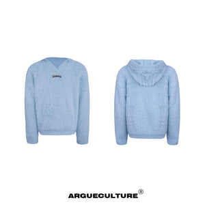 Hooded Pearl-Trim Sweater | Relaxed Faux-Mink Style - Blue