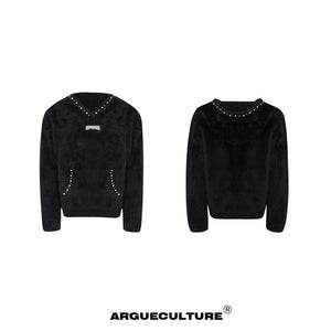 Hooded Pearl-Trim Sweater | Relaxed Faux-Mink Style - Black