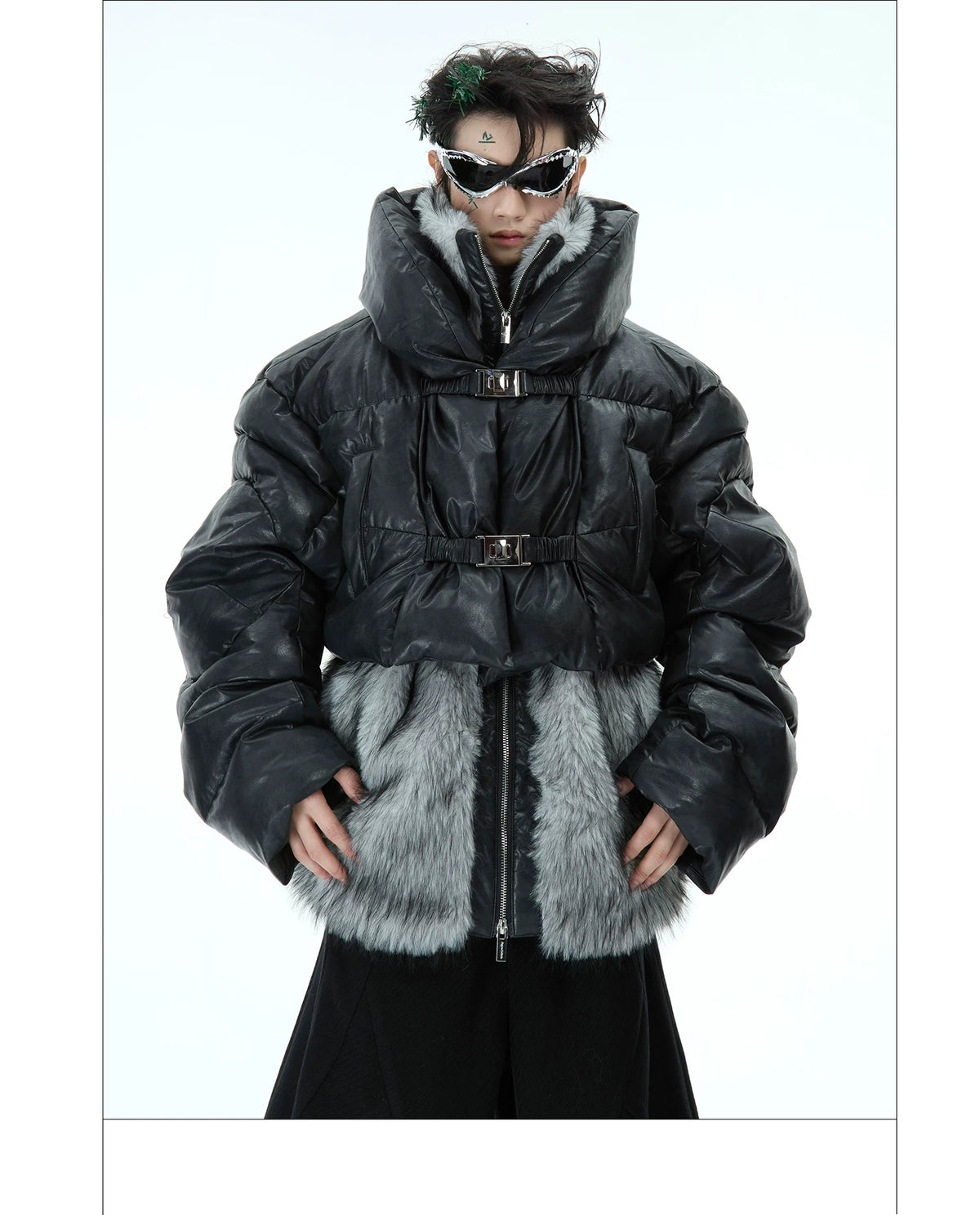 Deconstructed Faux-Two-Piece PU Puffer Jacket | Cleanfit - description image 10