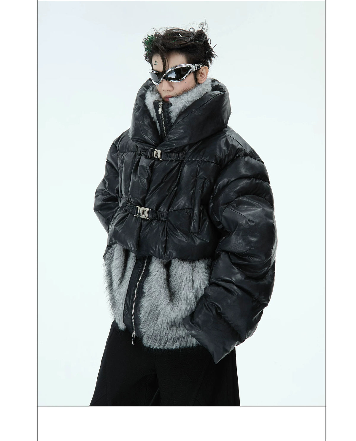 Deconstructed Faux-Two-Piece PU Puffer Jacket | Cleanfit - description image 13