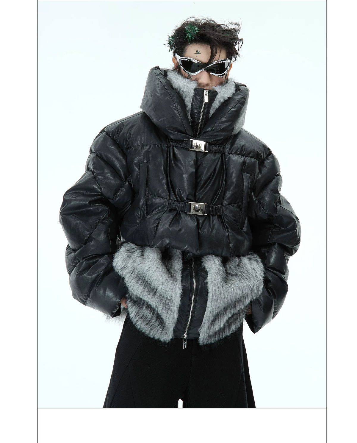Deconstructed Faux-Two-Piece PU Puffer Jacket | Cleanfit - description image 14