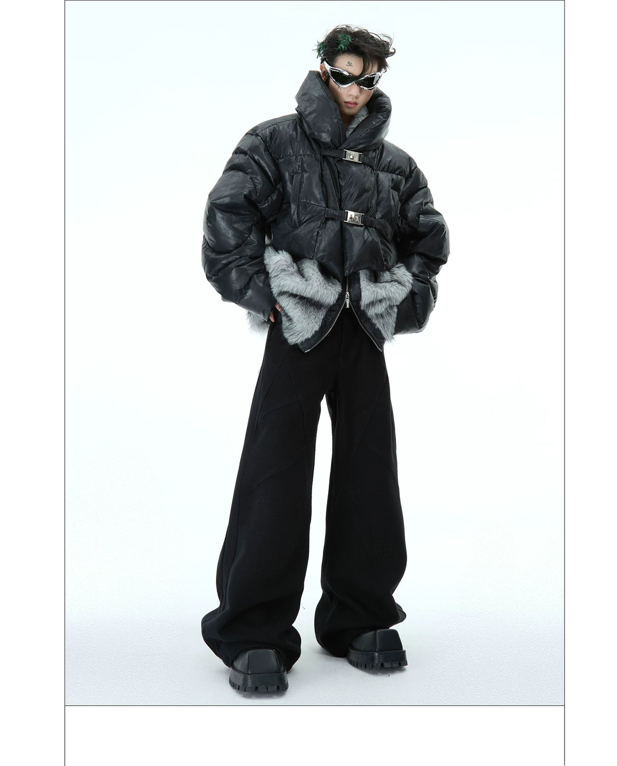 Deconstructed Faux-Two-Piece PU Puffer Jacket | Cleanfit - description image 15