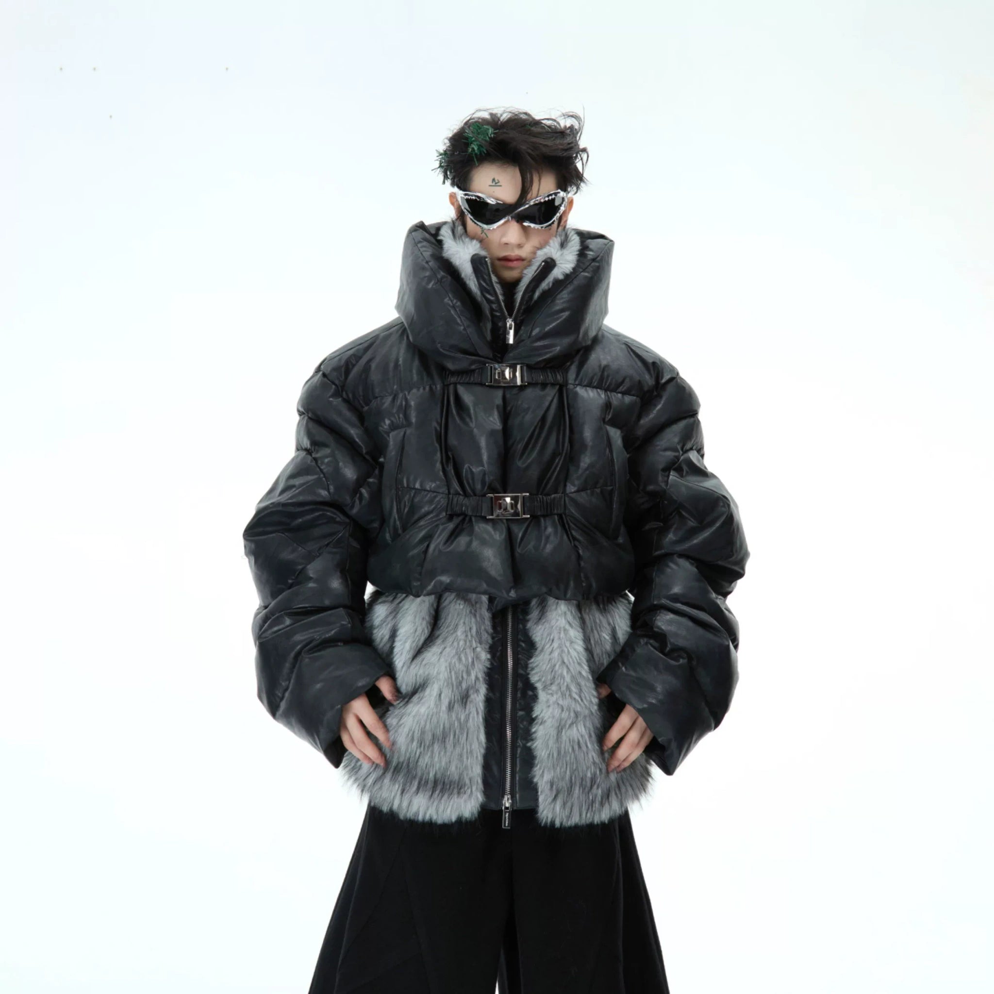 Deconstructed Faux-Two-Piece PU Puffer Jacket | Cleanfit - Black