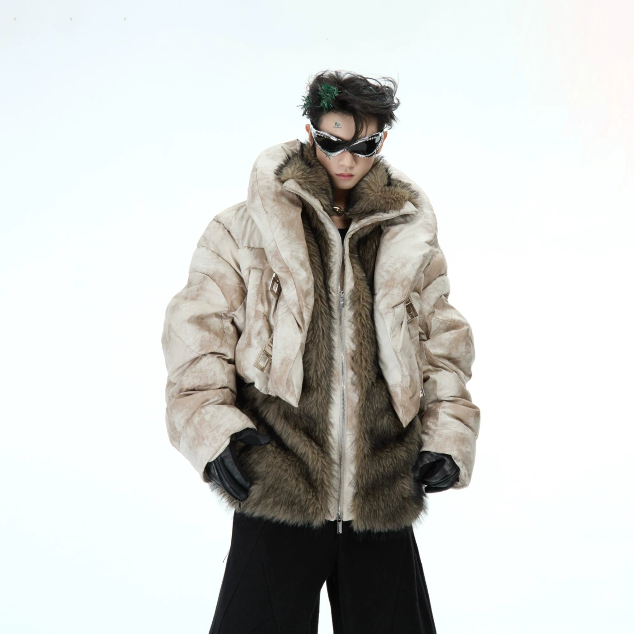 Deconstructed Faux-Two-Piece PU Puffer Jacket | Cleanfit - White