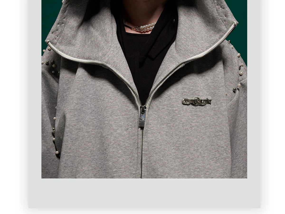 Pearl-Trim Zip Hoodie Jacket | Relaxed Streetwear - description image 1