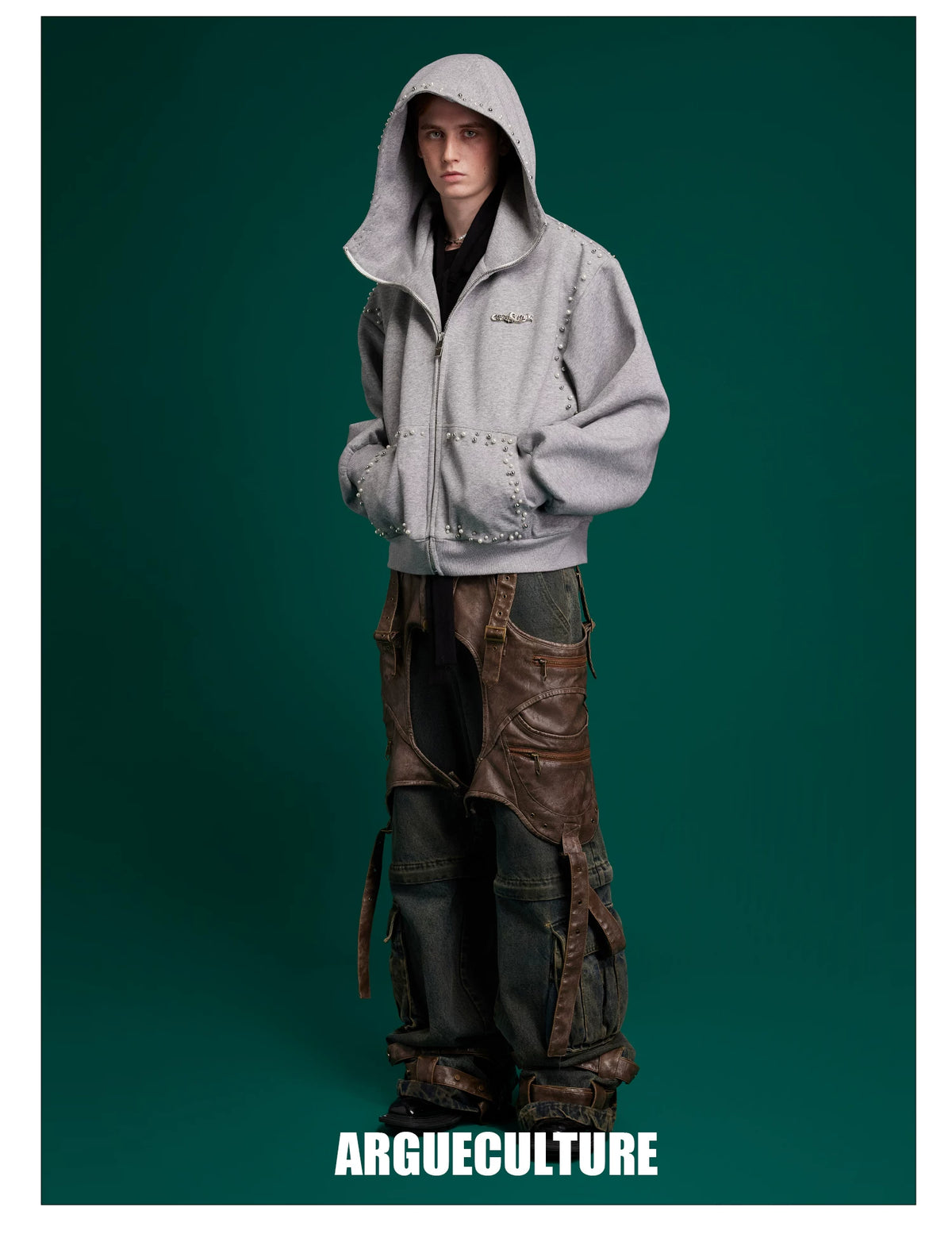 Pearl-Trim Zip Hoodie Jacket | Relaxed Streetwear - description image 3