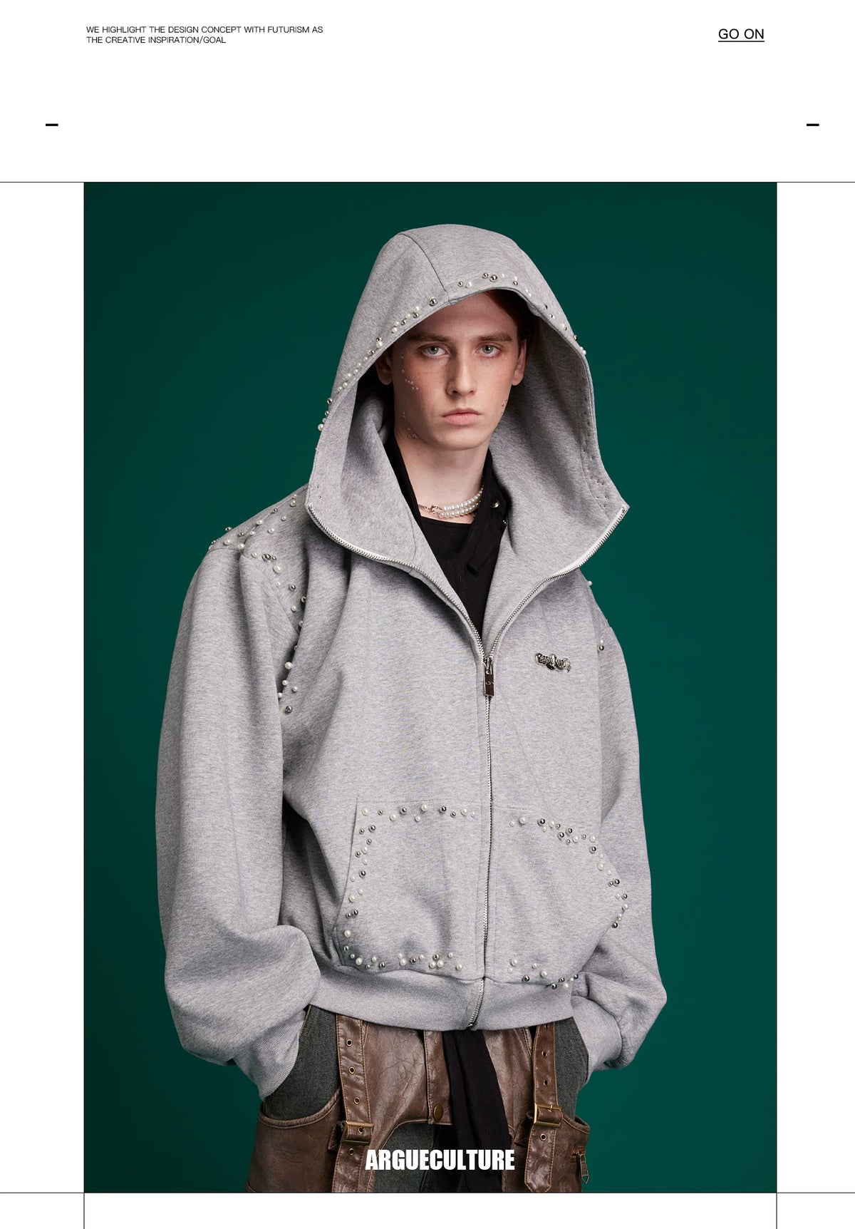 Pearl-Trim Zip Hoodie Jacket | Relaxed Streetwear - description image 4
