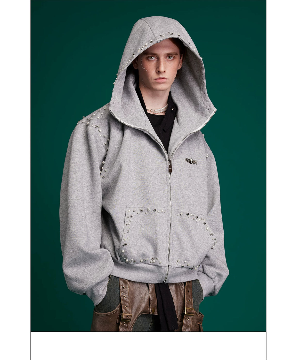 Pearl-Trim Zip Hoodie Jacket | Relaxed Streetwear - description image 5