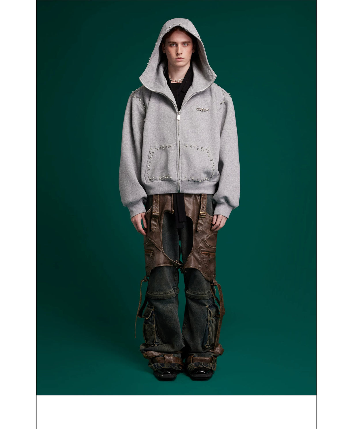 Pearl-Trim Zip Hoodie Jacket | Relaxed Streetwear - description image 6