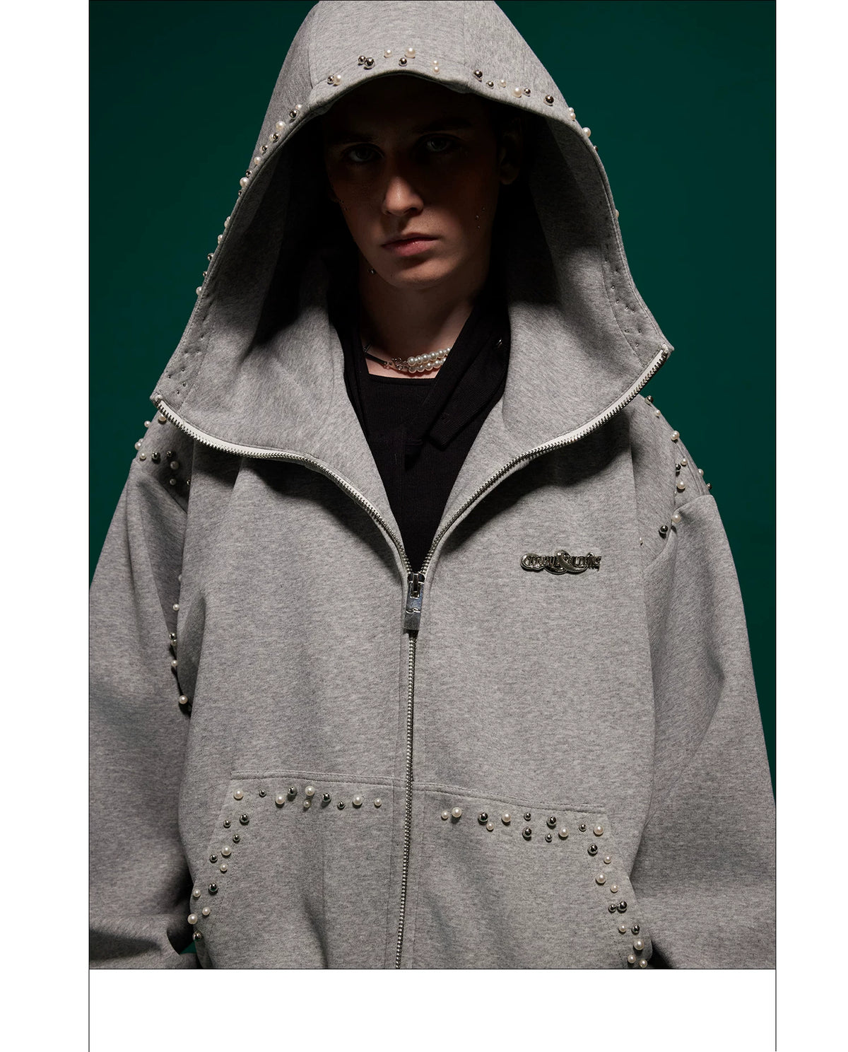 Pearl-Trim Zip Hoodie Jacket | Relaxed Streetwear - description image 7