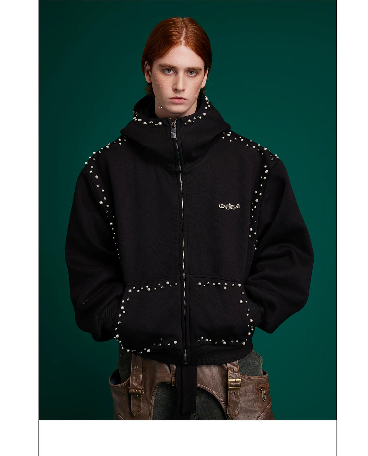 Pearl-Trim Zip Hoodie Jacket | Relaxed Streetwear - description image 8
