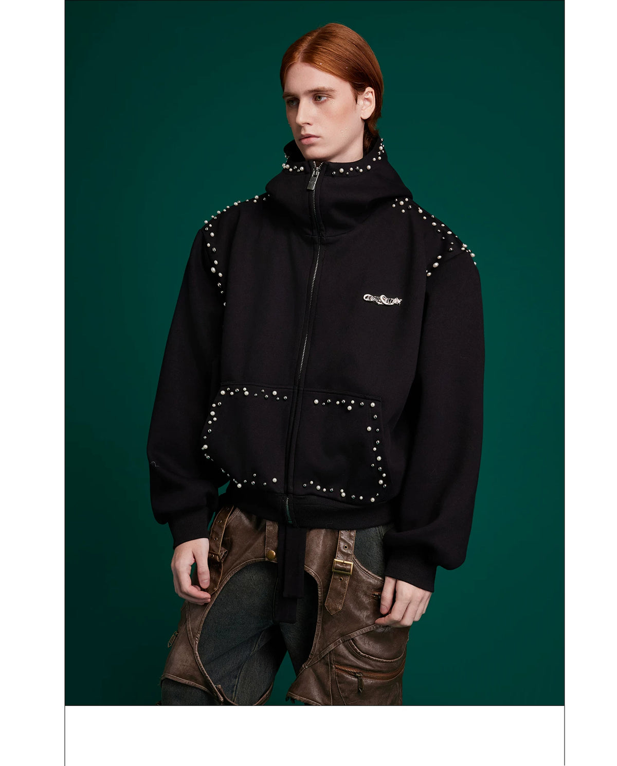 Pearl-Trim Zip Hoodie Jacket | Relaxed Streetwear - description image 9