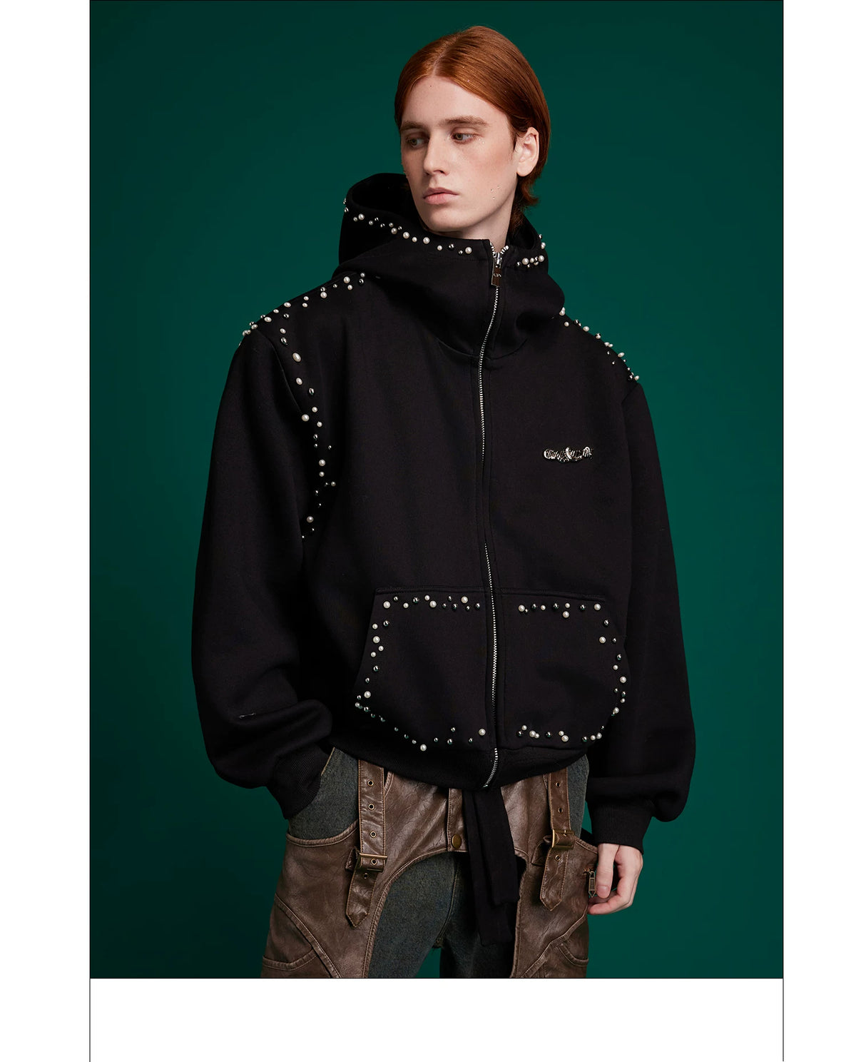 Pearl-Trim Zip Hoodie Jacket | Relaxed Streetwear - description image 10