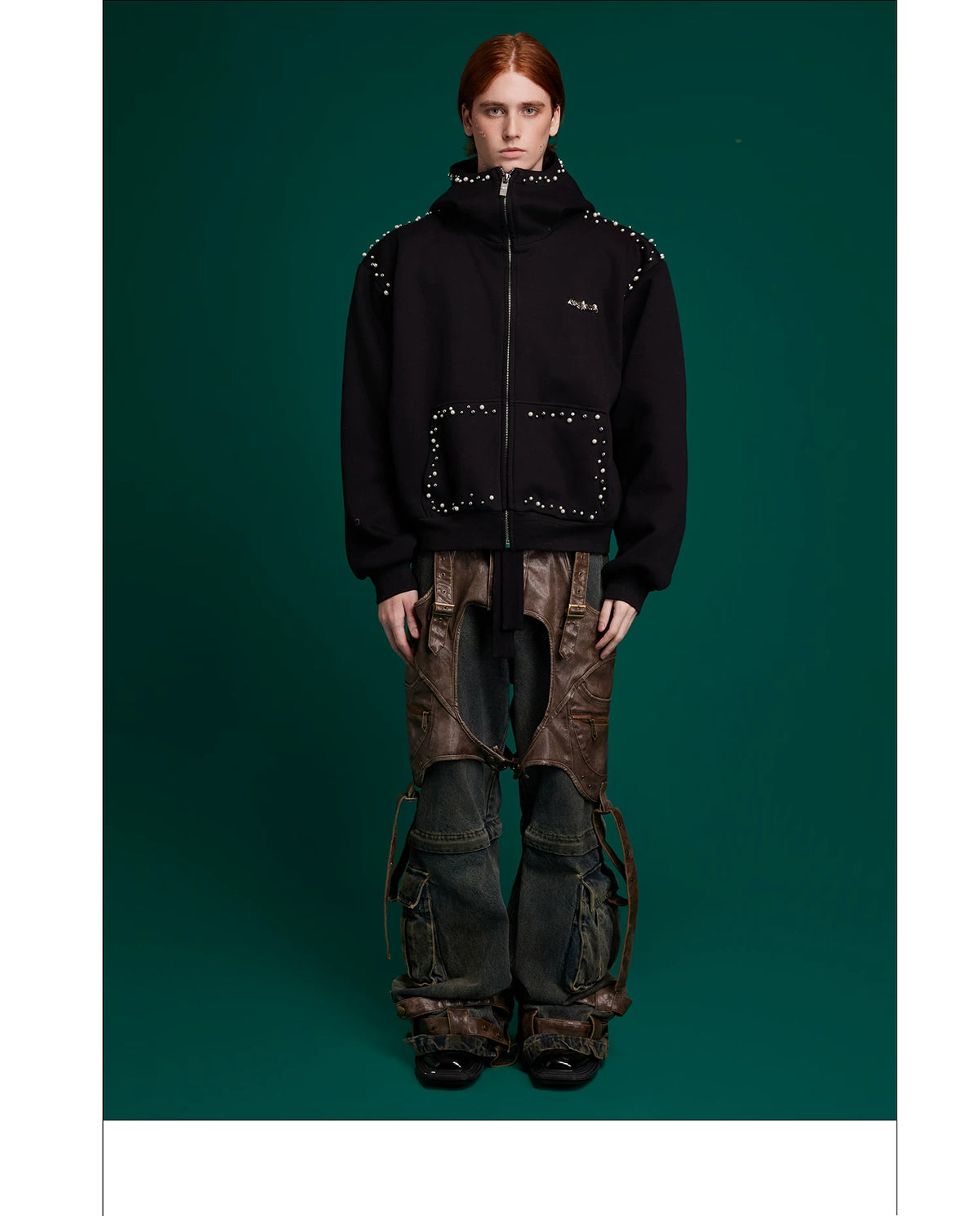 Pearl-Trim Zip Hoodie Jacket | Relaxed Streetwear - description image 11