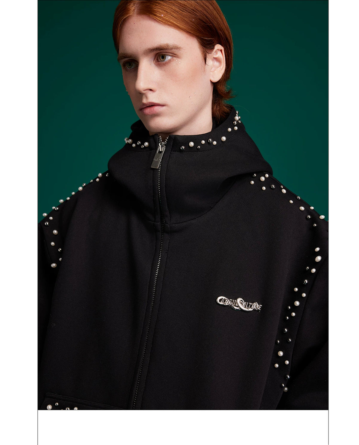 Pearl-Trim Zip Hoodie Jacket | Relaxed Streetwear - description image 12