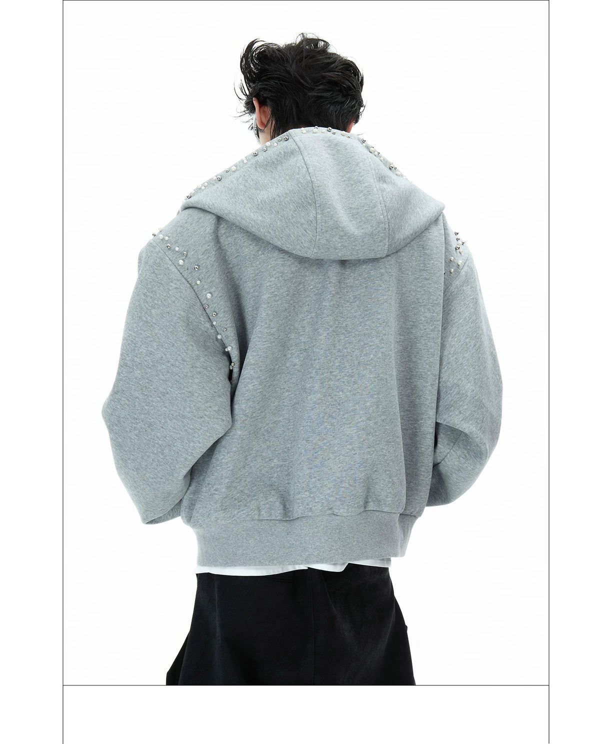 Pearl-Trim Zip Hoodie Jacket | Relaxed Streetwear - description image 13