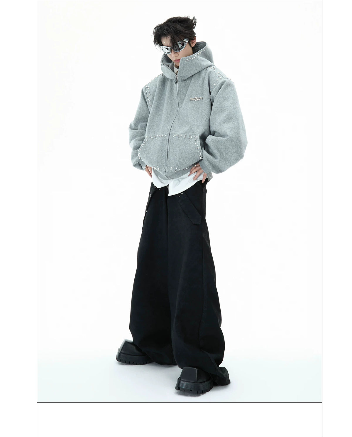 Pearl-Trim Zip Hoodie Jacket | Relaxed Streetwear - description image 14