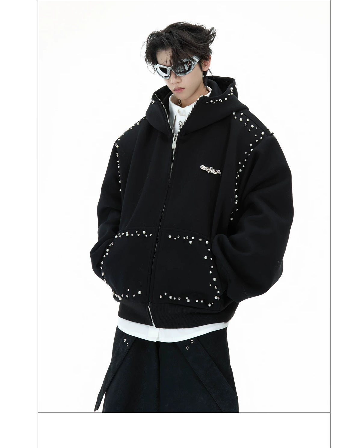 Pearl-Trim Zip Hoodie Jacket | Relaxed Streetwear - description image 15