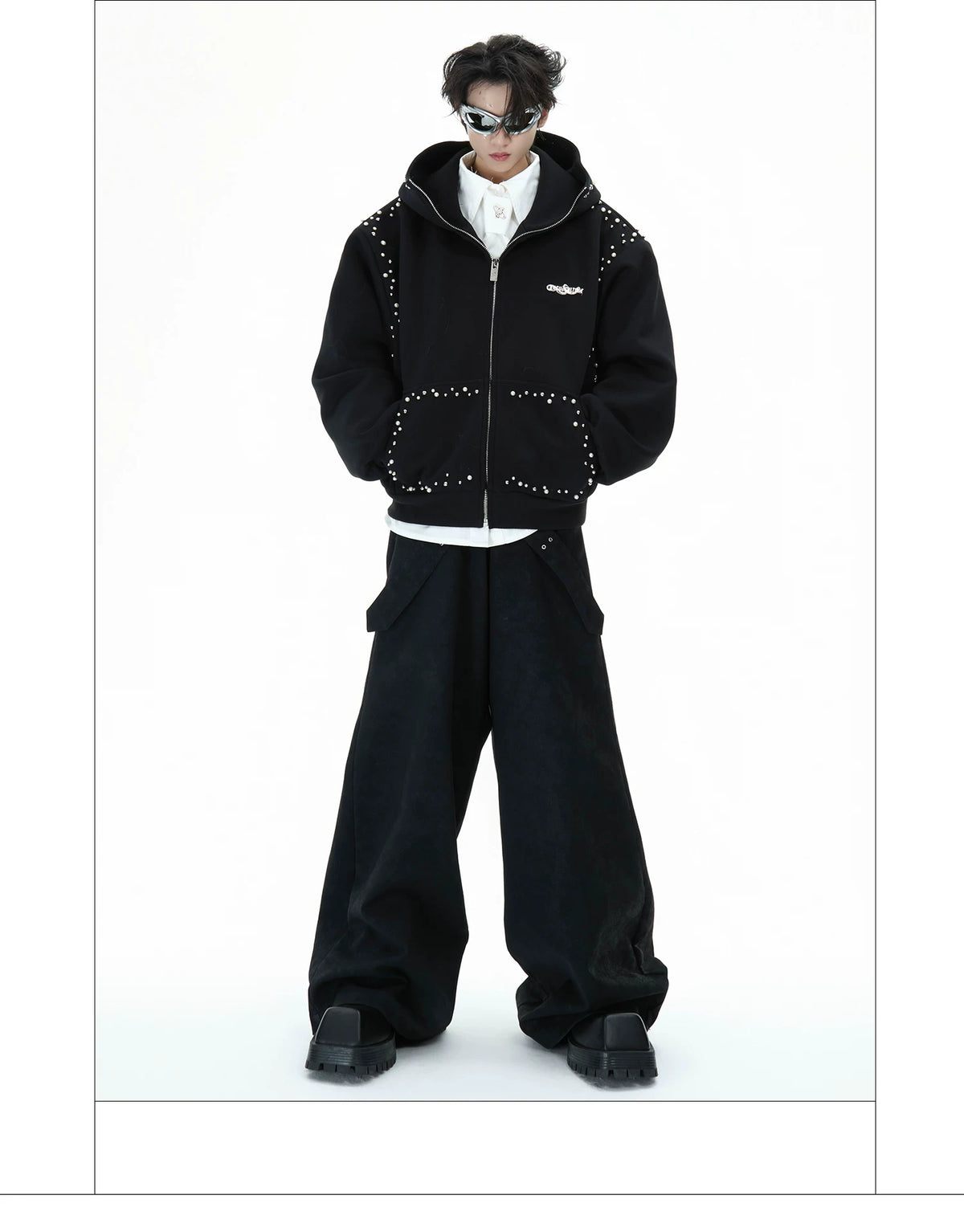 Pearl-Trim Zip Hoodie Jacket | Relaxed Streetwear - description image 18