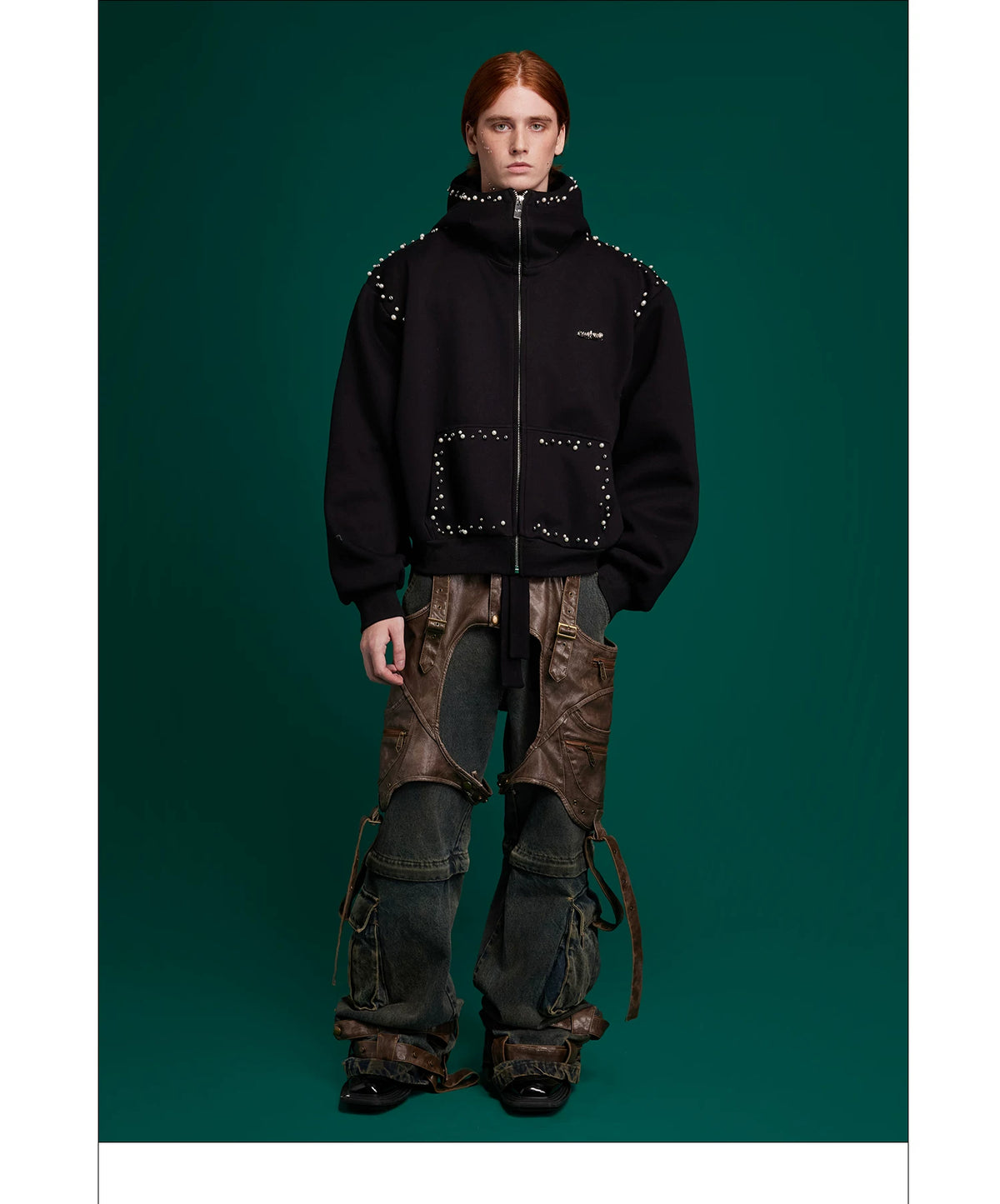 Pearl-Trim Zip Hoodie Jacket | Relaxed Streetwear - description image 19