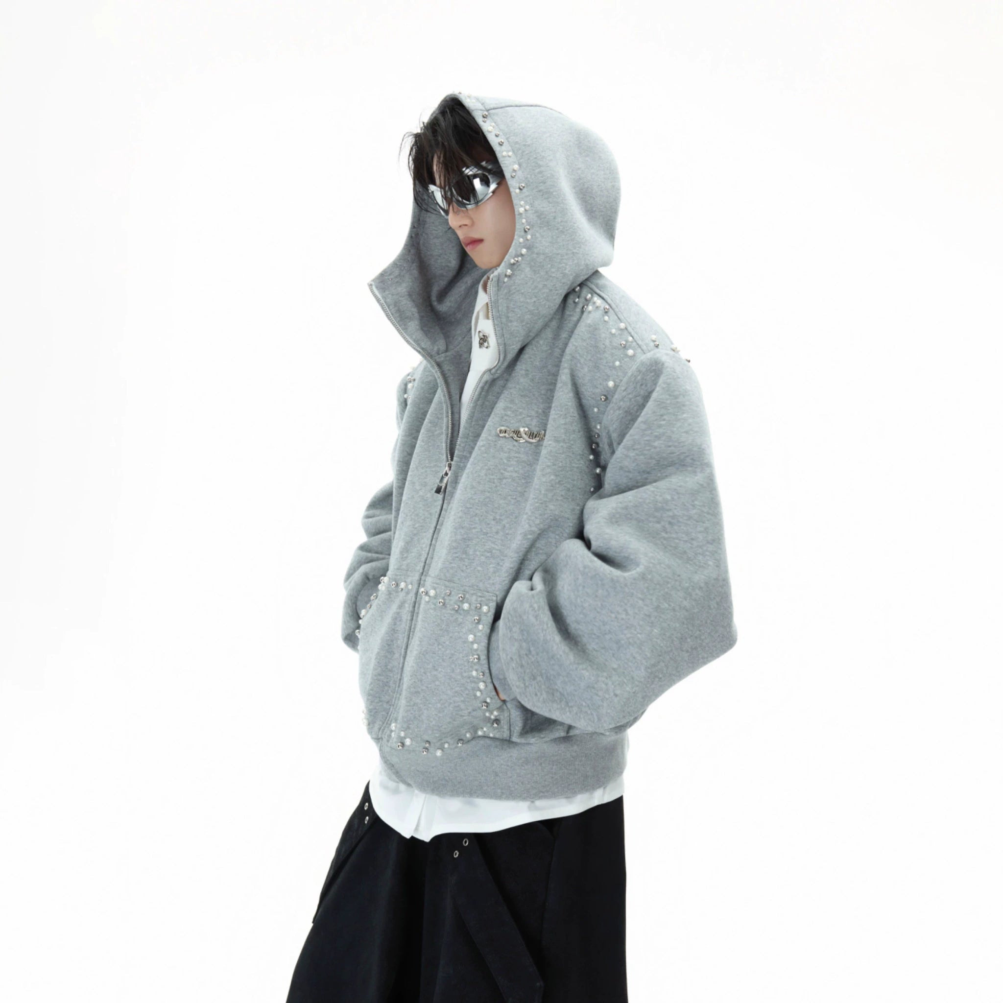 Pearl-Trim Zip Hoodie Jacket | Relaxed Streetwear - main image 1