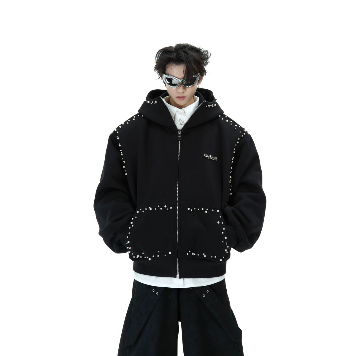 Pearl-Trim Zip Hoodie Jacket | Relaxed Streetwear - main image 2