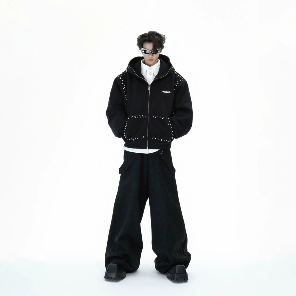 Pearl-Trim Zip Hoodie Jacket | Relaxed Streetwear - main image 4