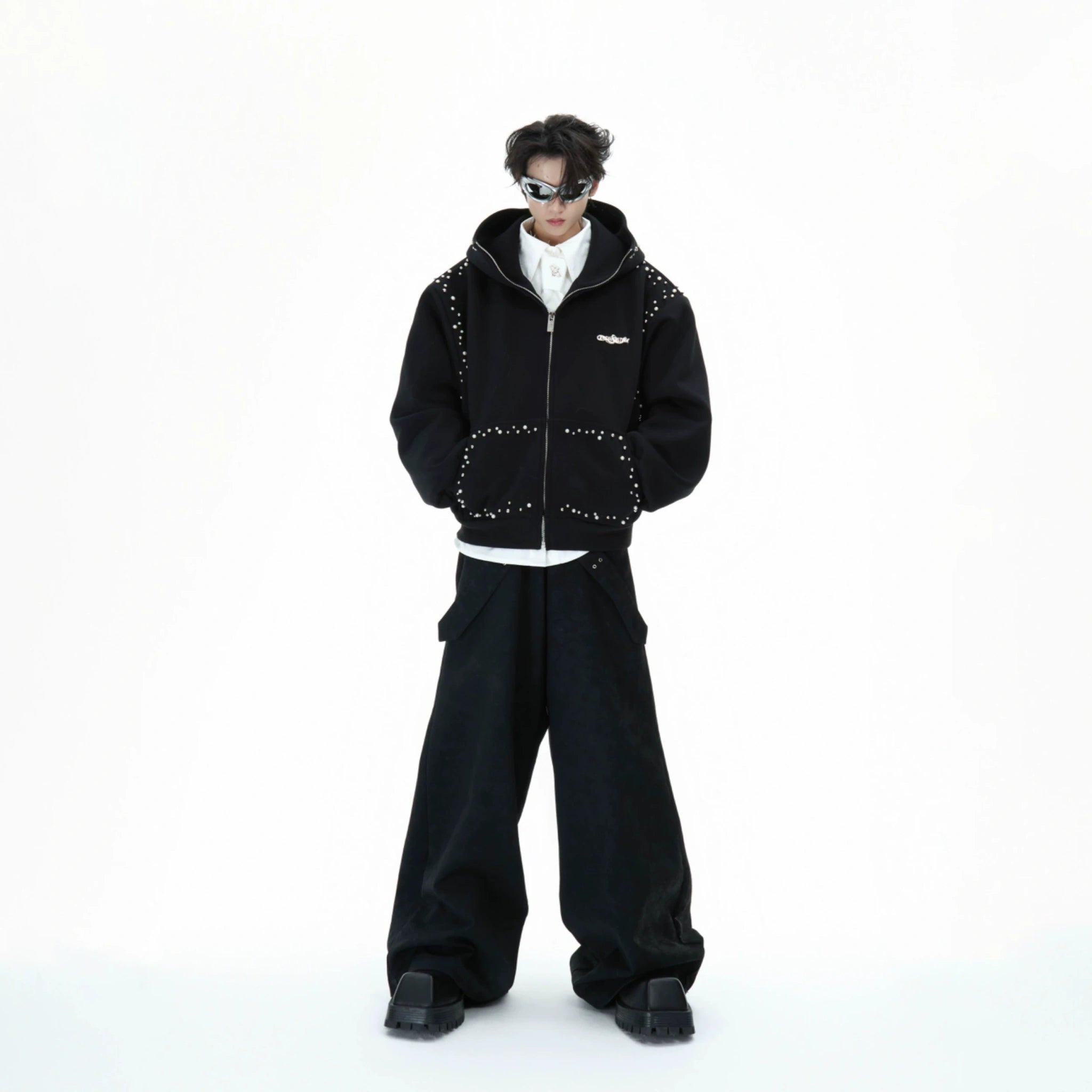 Pearl-Trim Zip Hoodie Jacket | Relaxed Streetwear - main image 4