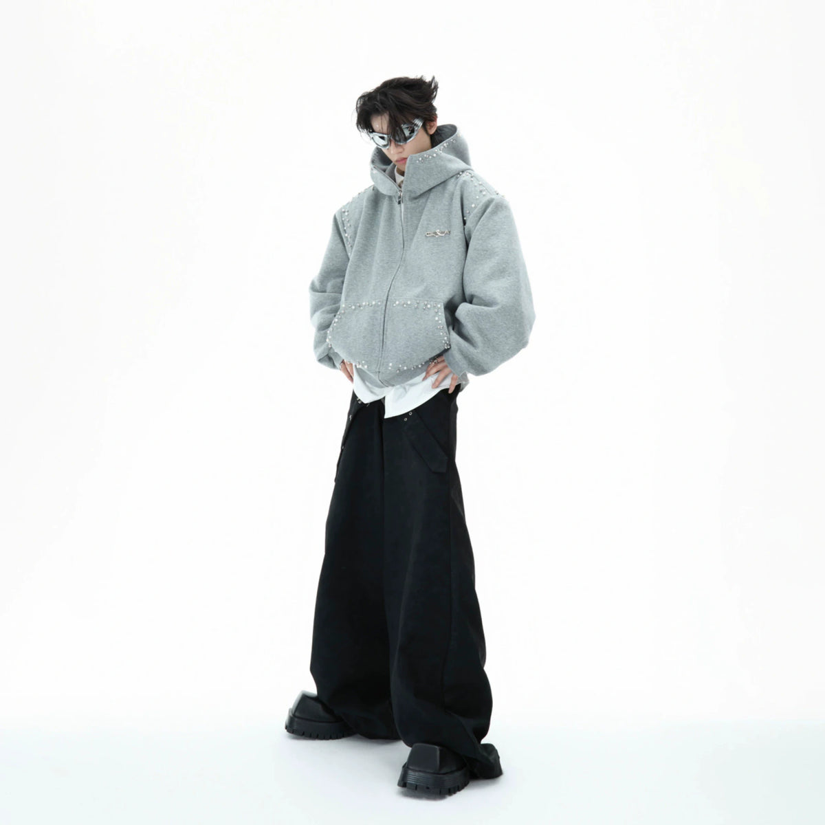 Pearl-Trim Zip Hoodie Jacket | Relaxed Streetwear - main image 5
