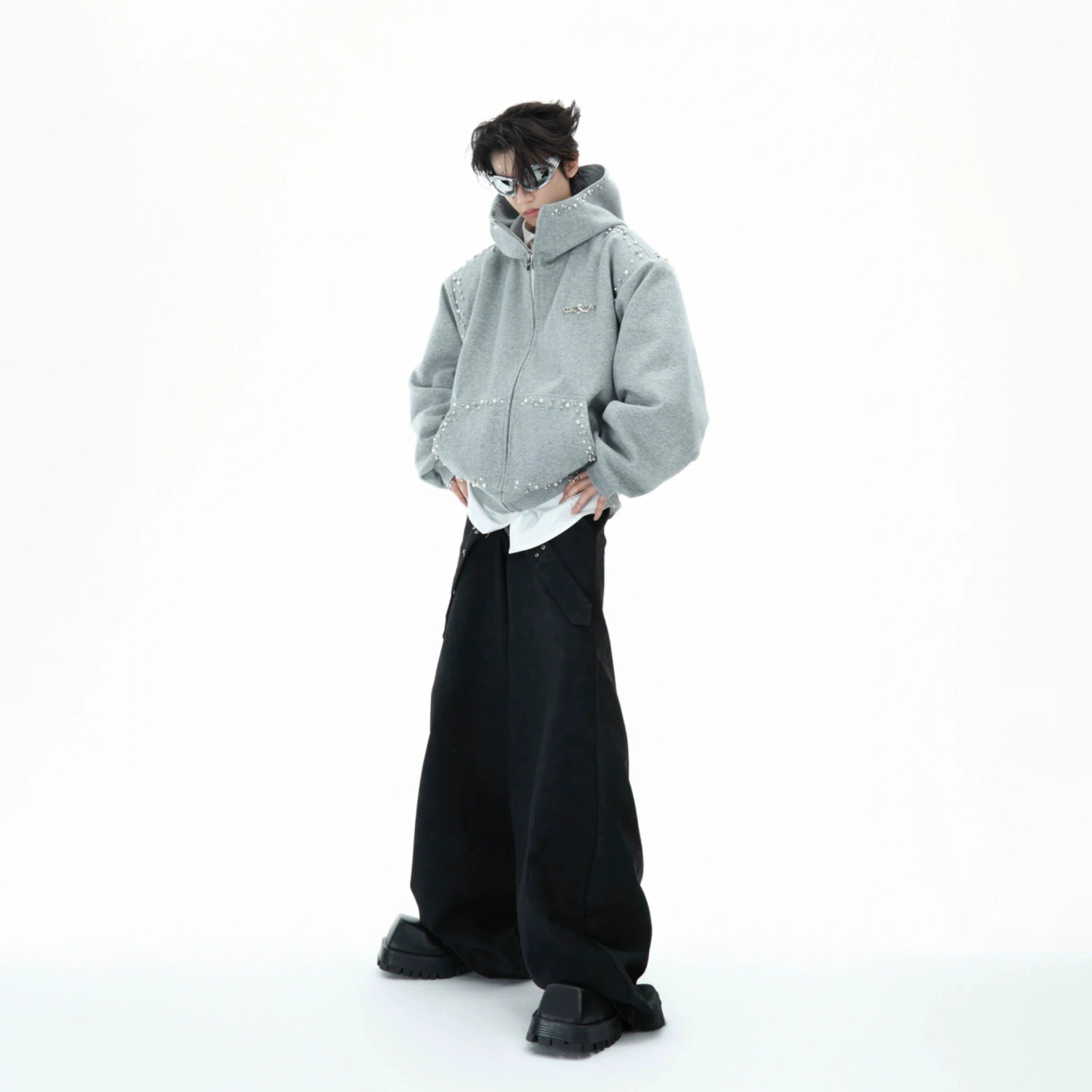 Pearl-Trim Zip Hoodie Jacket | Relaxed Streetwear - main image 5