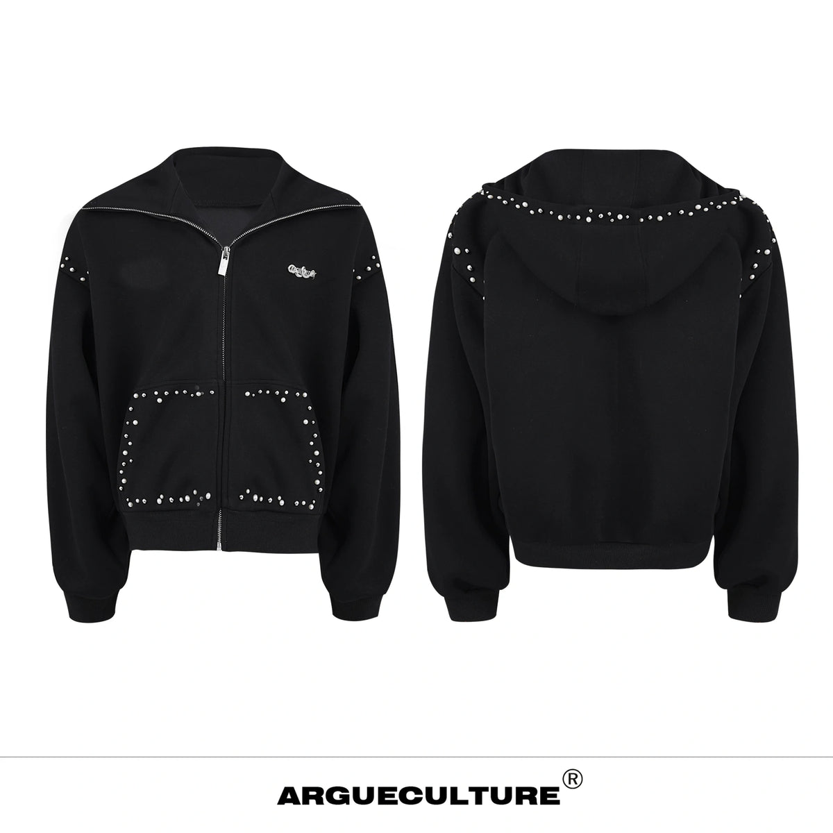 Pearl-Trim Zip Hoodie Jacket | Relaxed Streetwear - Black