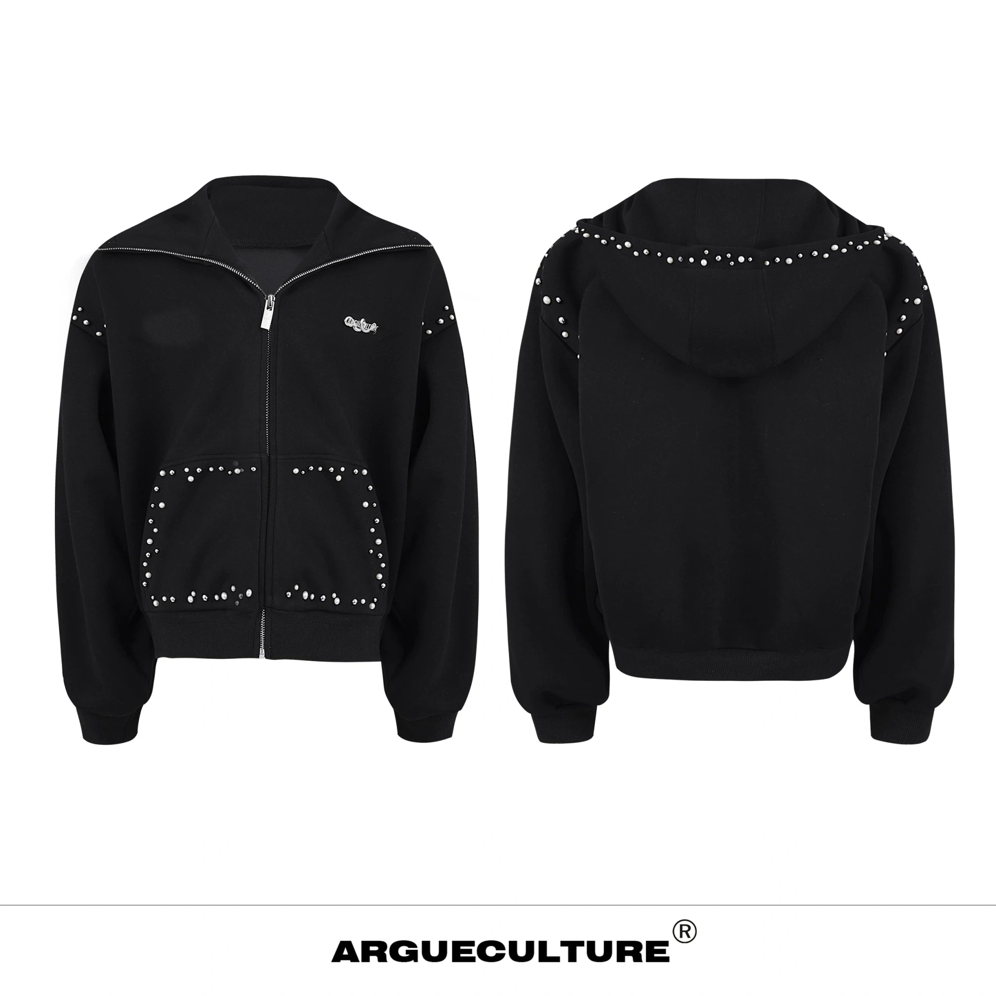Pearl-Trim Zip Hoodie Jacket | Relaxed Streetwear - Black