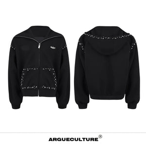 Pearl-Trim Zip Hoodie Jacket | Relaxed Streetwear - Black