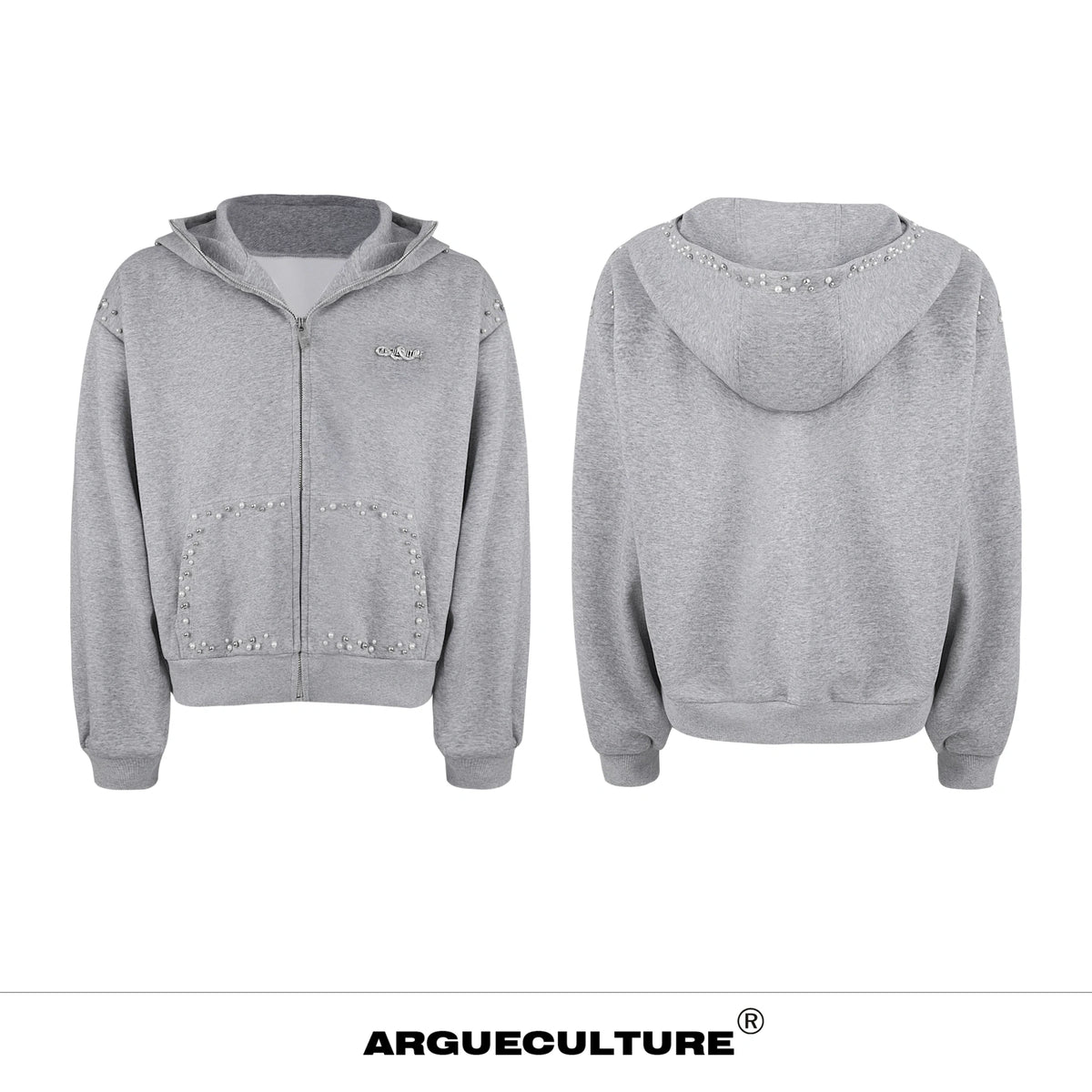 Pearl-Trim Zip Hoodie Jacket | Relaxed Streetwear - Gray