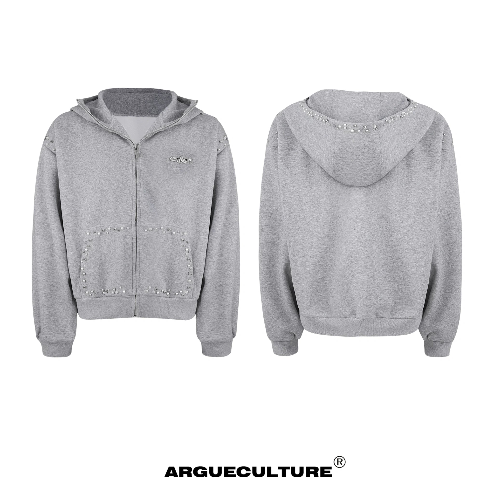 Pearl-Trim Zip Hoodie Jacket | Relaxed Streetwear - Gray